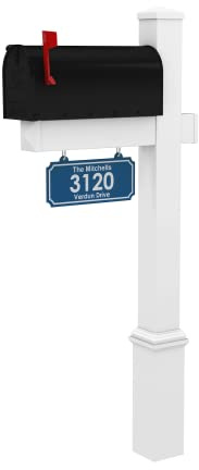 4Ever Products The Rockport Vinyl Mailbox Post System - Includes Black Steel Mailbox and Custom Street Address (Blue)