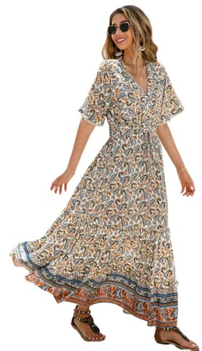 R.Vivimos Abito Boho Estivo Donna Abito Sexy Scollo a V Bottoni Manica Corta Vestito Elegante con Volant Orlo Abito Lungo Maxi da Spiaggia Casual per Le Vacanze(S,Beige-Floreale)