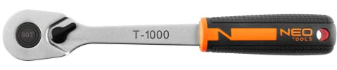 NEO TOOLS 1/2 Ratsche, 90 Zähne, T-1000; 4o Hub; selbstsichernder Ratschenmechanismus; Aufbewahrungsbox; verstärkte Antriebskonstruktion; Chrom-Vanadium-Stahl, Zwei-Material-Griff