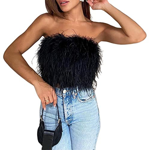 PDYLZWZY Mujer Piel Pluma Tubo Tops Piel Sintética Cami Camisole Crop Top sin Mangas Sin Tirantes Espalda Sin Mullido Top Fuzzy Sexy, Negro., L