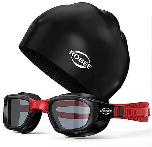Robee Swim Goggles Silicone Swimming Cap and Carrying Case, Polarized Pool Goggles for Adult Men Women Youth