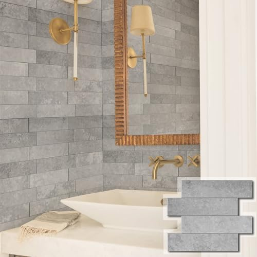 W&S 10-Sheet Peel and Stick Subway Tile Backsplash, Rigid Faux Stone Tiles for Kitchen,Self Adhesive Thicker for Accent Wall,Self Stick on Bathroom,RV,Fireplace,Bedroom(Light Gray,Marble)