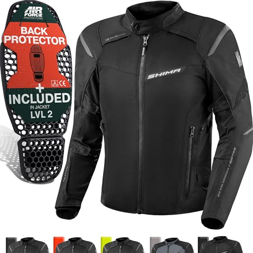 SHIMA RUSH Motorrad Jacke Herren mit Protektoren Textil | AIRFORCE Rückenprotektor | Wasserdicht Motorradjacke Sommer Motorradkombi Motorradhose Mesh Touren (Schwarz, Männer, Schutzjacken, Größe XL)