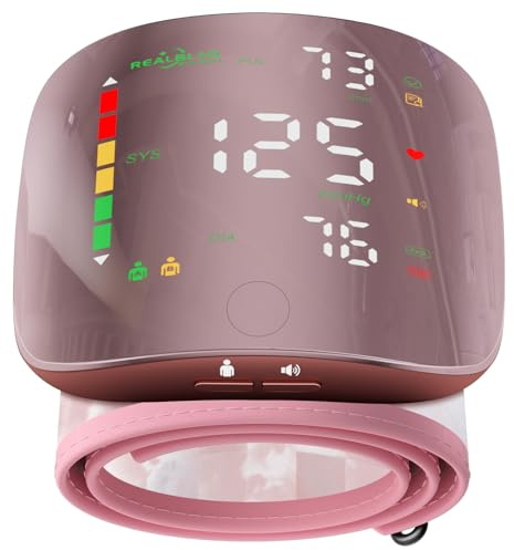 Monitor de presión arterial de muñeca Pink Pearl, bonita máquina de presión arterial multicolor, pantalla curva LED, recargable, interruptor de voz y usuario con un solo botón, fácil de usar, puño