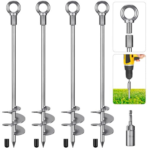 Dolibest Tent Peg Heavy Duty, 76cm Ground Anchor Screw Trampoline Stake Metal Earth Sand Spiral Wind Storm Spike for Swing/Camping/Shed/Dog/Carport/Canopy with Fixed Eyelet, 4 Pack