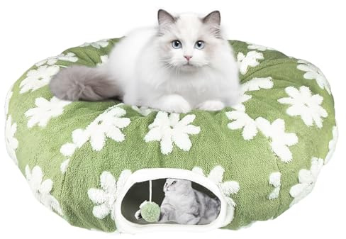 Cat Play Tunnel with Washable Cushion Bed, Round and S-Shape Malfunction Cat Tube Donut Tunnel Cave for Cats/Puppy/Kitten/Rabbit (Green)