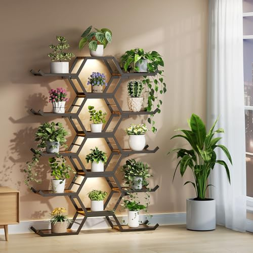 HavenlyYouth Plant Stand Indoor with Grow Lights, 5 Tiered 15 Pots Tall Plant Shelf, Large Metal Wood Plant Flower Holder, Plant Rack Display Shelf for Living Room, Patio, Balcony, Garden, Rustic
