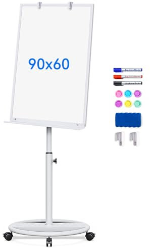 maxtek Flipchart Ständer, 90x60cm Whiteboard mit Ständers, Kunststoffrahmen Flipchart Papier, Magnetisch Höhenverstellbar, Trocken Abwischbar, 1 Radierer, 3 Markern und 6 Magneten