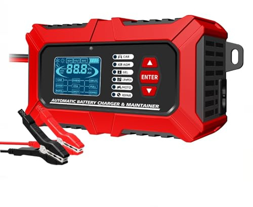 3-i-1 smart bilbatteriladdare, testare och underhållare 12V 6A – Pulsrekonditionering för elbilar, motorcyklar, motorcyklar, gräsklippare, marina, LiFePO4, AGM, GEL och blybatterier (2-200Ah)