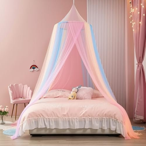 Huiguli Rainbow Bed Canopy, Round Dome Girls Bedroom Accessories, Kids Princess Bed Curtains and Mosquito Nets, Dreamy Bed Canopy for Girls