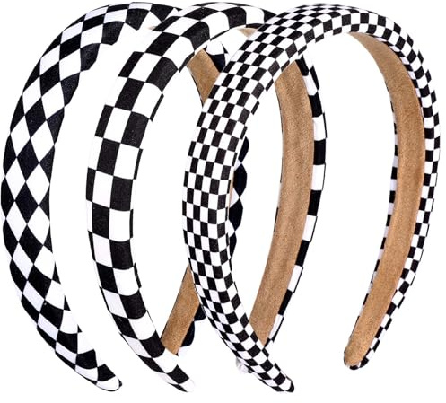 TIESOME 3 Stück Haarreif Breit,Damen Haarreifen mit Stoff Gepolstertes Vintage Karierter Print Haarreif Schwarz Stirnbänder Damen Stirnband Haaraccessoires für Frauen Mädchen