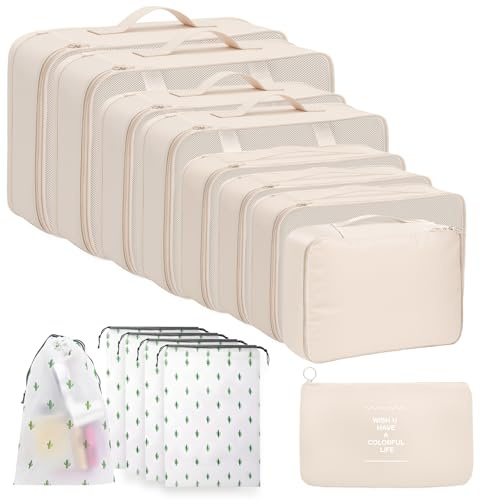 Resväska arrangör-set, 14 stycken packkuber för resor, bagagearrangör packväskor set, vattentät bagageorganisatör packväskor med kosmetikväska, reseprylar och researrangör-set (beige)