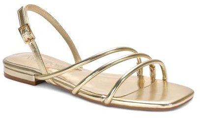 ESSEX GLAM Women's Strappy Sandals Ladies Flat Slingback Buckle Square Toe Gold Metallic Synthetic Leather Shoes Size 7