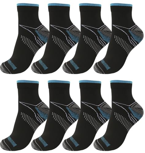 WEESTAAMO Kompressionsstrümpfe für Damen & Herren, 8 Paar Laufsocken mit Fußgewölbestütze & Atmungsaktiv, Ideal für Flugreisen, Sport und Alltag (S/M 34-39)