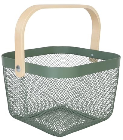 Relaxdays Aufbewahrungskorb, mit Henkel, Kleidung, Deko, Stahl & Holz, Utensilienkorb, HBT: 17,5x26x24,5 cm, mint