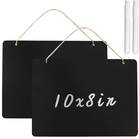 2 Pack Hanging Chalk Board, 9.8 x 8 Inch Small Black Board Chalkboard Signs | Double Sided, Erasable, with Jute String & 2 Pens, for Home Wall Wedding Store Garden Party Decor