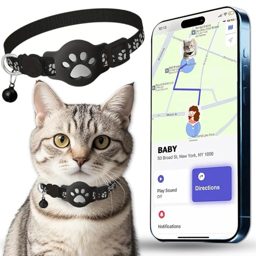 Collier GPS Chat, Traceur GPS Chat Tracker, sans Abonnement Mensuel, Pas de SIM, Compatible avec Apple Find My (iOS Uniquement) (Collier + pisteur Blanc)
