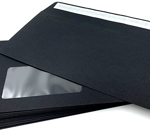 100 Umschläge mit Fenster, Schwarz, DIN lang = 220 x 110 mm, Haftklebestreifen, Fensterkuverts