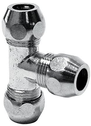 Quetschverschraubung | T-Stück mit 3 Quetschen | 8 mm | 3/8 Zoll | Für Kupfer-Rohre | Anschluss von Armaturen Verchromt