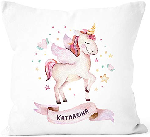 SpecialMe® Kissen-Bezug Einhorn mit Namen Kissen-Hülle Namenskissen Baumwolle personalisierte Geschenke Dekokissen weiß Unisize