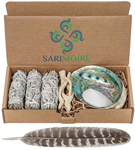 Sarimoire Sage Smudge Kit - White Sage Smudge Sticks - 4in ~ Abalone Shell 5-6in ~ 2in Tripod Stand ~ 9-12in Feather and White Sand