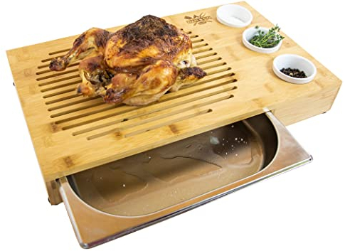 Dan&Co Large Bamboo Meat Carving Board with Steel Drip Tray and 3 Dip Pots, No Mess 48cm Wooden Chopping Board for Kitchen, Cutting, Resting, Serving Steak, Cheese, Bread, Unique BBQ Gift