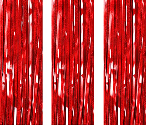 AILEXI 3 Pack 3.2ft*8.2ft Metallic Tinsel Curtains Foil Fringe Shimmer Streamers Curtain Door Window Decoration for Party Supplies - Laser Red