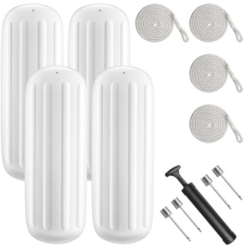 VOYOCHT Boat Fenders 4 Pack 10 x 28 Inches Ribbed Center Hole Boat Fenders Bumpers for Docking(White)
