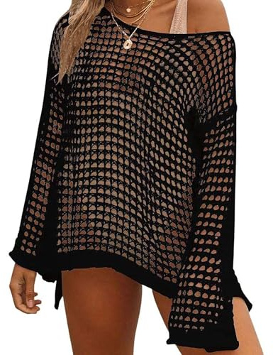 Bsubseach Femme Crochet Robe Cache Maillot de Bain Cover Ups Manches Longues En Tricot Crop Tops D'été Évider Plage Coverup Tunique Noir