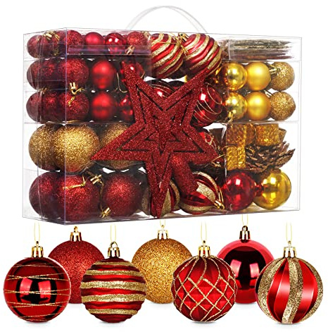 HOUÍSM 145pcs Christmas Balls Ornaments Set, Red and Gold Shatterproof Baubles for Xmas Tree Decor, Assorted Balls Set with Hanging Strings and Metal Hooks