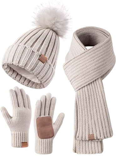 Winter Beanie Hat Scarf Gloves Set for Women, Winter Hats for Women Fleece Lined with Pom Pom Neck Warmer Touchscreen Gloves 3 in 1 Cold Weather Set, Stocking Stuffers Gifts for Mom Her(Oatmeal)