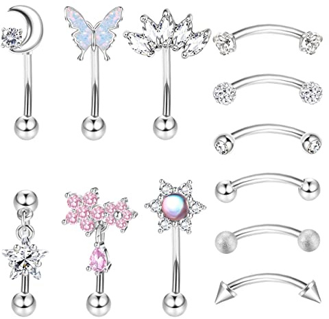 Kakonia 12Pcs Piercing Rook Sourcils Nombril Nez Piercing Oreille Cartilage Tragus Helix Rook Acier Inoxydable Sourcils Anneaux De Lèvres CZ Opale Courbe Barbell Bijoux pour Femmes