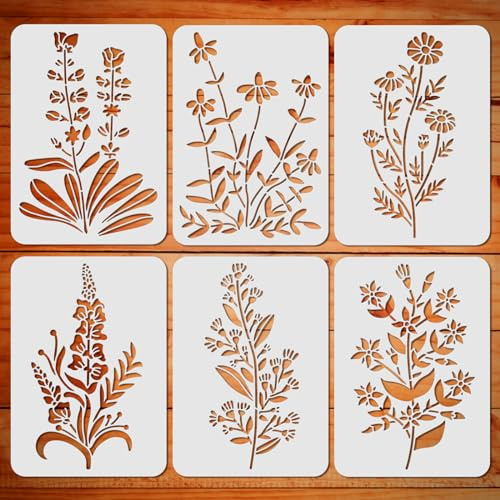 ORIGACH 6 plantillas grandes de flores silvestres, 21 x 29,7 cm, plantillas de pintura de ramo para madera, pared, lienzo, plantilla reutilizable para decoración del hogar, manualidades, regalo de