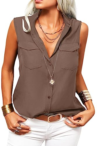 Veatzaer Women's Sleeveless Button Down Shirts Casual Lapel Tank Tops Office Summer Ladies Blouse Khaki