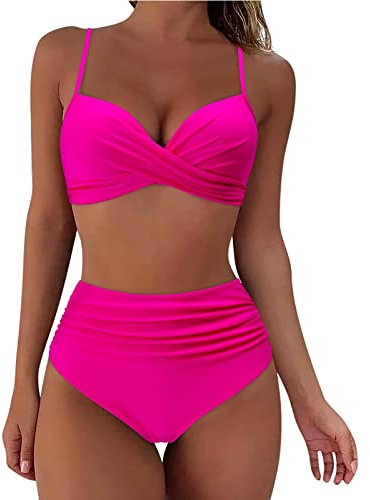 LAOSU Femme Maillot De Bain 2 Pièce Bikini,Vacances D'Été Maillot De Bain Deux Pièces Bandeau,Bikini Taille Haute,Maillot Deux Pièces Shorty,Maillot De Bain Rose Fluo