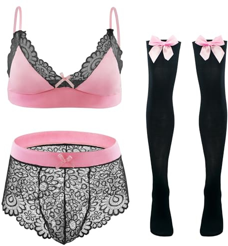 Happy Cherry Bikini Crossdressing Lencería Set para Hombres Sujetador Ropa Interior Medias Set 3 Piezas, Negro y rosa, XL