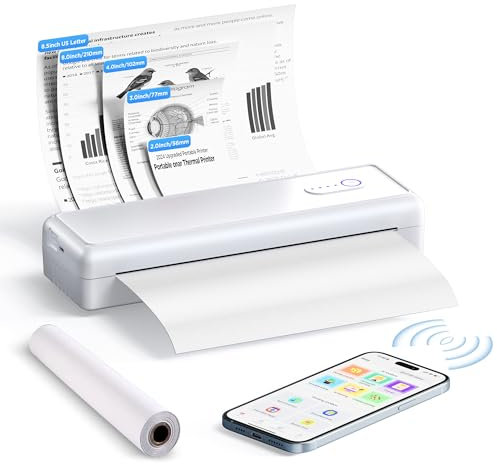 Portable Printers Wireless for Travel - A4 Thermal Printer Bluetooth Compatible with iOS Android Laptop - Support 8.5 X 11 US Letter A4 Paper 2” 3” 4” - Inkless Printers for Home Use Office Car