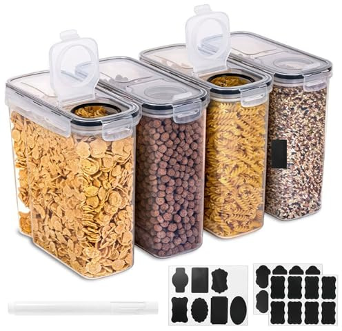 Kinberry 4L Cereal Storage Containers, 4Pcs Cereals Containers with Lids Airtight, Durable Food Grade Cereal Dispenser with 24 Labels 1 Marker, Kitchen Pantry Organiser for Rice Pet Treats oat