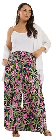 Yours Curve Black Tropical Print Shirred Wide Leg Trousers - Women's - Plus Size Curve