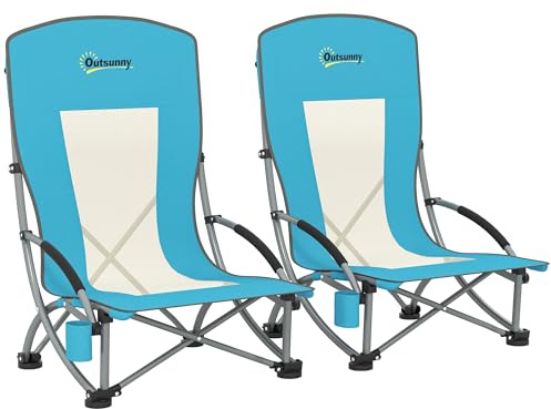 Outsunny Lot de 2 Chaises de Plage Pliable Chaises Camping Bleu | Légère 2,7 kg, Dossier en Maille, Sac de Transport, Porte-Gobelet, Jardin, Pique-Nique, Festival, Voyage