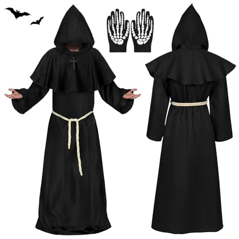 Tccydm Costume da Monaco Medievale Abito Sacerdote,Costume Monaco,monaco costume,costume frate uomo,Con Cappuccio Corda In Vita E Collana A Croce,Costumi carnevale Adulti,per Carnevale Cosplay (XXL)