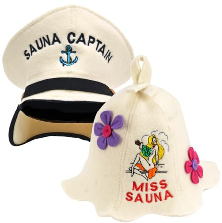 SAUNA GURU Captain + Miss Sauna Hat - 100% Organic Wool Felt Hats for Russian Banya - Protect Your Head from Heat - English Sauna eBook Guide Included - with Embroidery