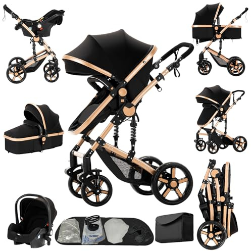 Aveainelle Passeggino 3 in 1, Trio Neonati da Viaggio Reversibile, Passeggino Pieghevole One-Click e Accessori Completi, Doppia Modalità di Freno per Ruote Anteriori e Posteriori (588 Black Gold)