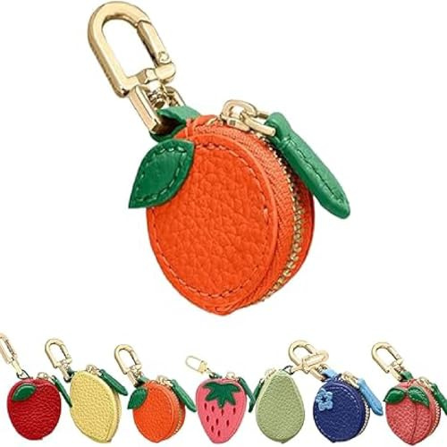 Fruit Bag Charm Coin Purse Keychain, Coin Purse Cute Wallet Keychain Mini Bag Charm Fruit Leather Bag Gift Backpack Decoration for Girl Women Kids (Orange)