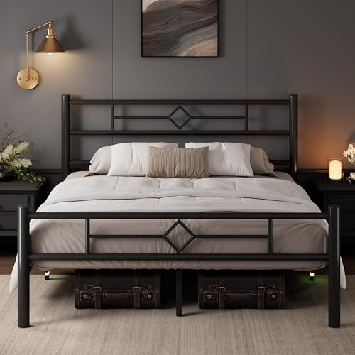 Feonase Double Bed Frame with Headboard and Footboard, Metal Platform Bed Frame Double with Underbed Storage, Solid Metal Slats Support, No Box Spring Needed, Noise Free, Easy Assembly, Black