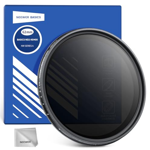 NEEWER Basics 62mm Variable ND Filter, ND2-400 1-9 Stops Reducción Luz Filtro Densidad Neutra Variable Giratorio con Revestimiento Antihuellas, Marco Delgado para Objetivos Cámara