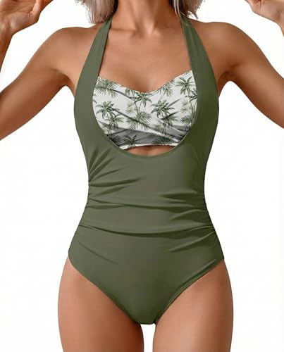 SHESHOW Bathing Suit for Women Tummy Control Halter Knot Modest Slimming Swimsuit Full Coverage Swim Suits M Green