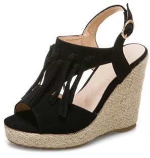 Generico Scarpe con Tacco A Cuneo Massiccio in Corda in Pelle PU Similpelle con Nappe Punta Aperta Tracolla Caviglia Regolabile Fibbia Estate Bohémien Appuntamento Serata Sposa,Nero,38.5 EU