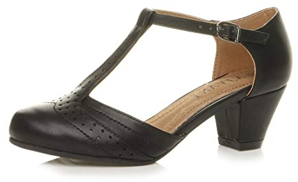 Ajvani Womens Ladies mid Block Heel t-bar Cut Out Buckle Brogue Shoes Sandals , Black Matte, 4 UK