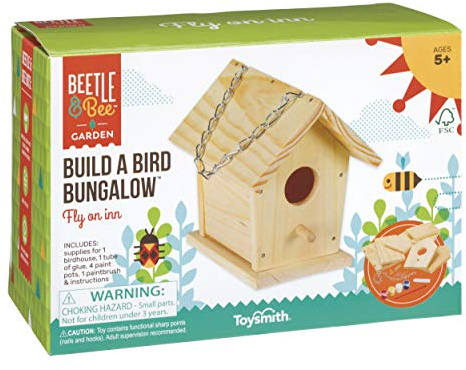 Beetle & Bee Build A Bird Bungalow - DIY Kid Art Craft Outdoor Birdhouse Kit, House Painting Kit for Kids, Hardware Glue Included- 4 Paints, 1 Brush, 7 Wooden Pcs, Chain For Tree Hanging Age 5+